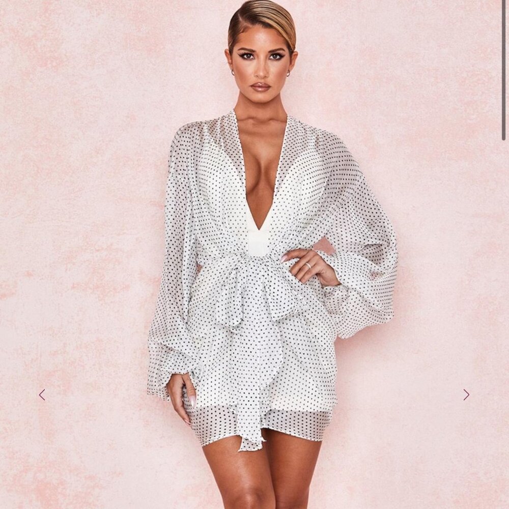 House of CB Nezrin Polka Dot Blouson Sleeve Wrap Dress (chiffon piece only)